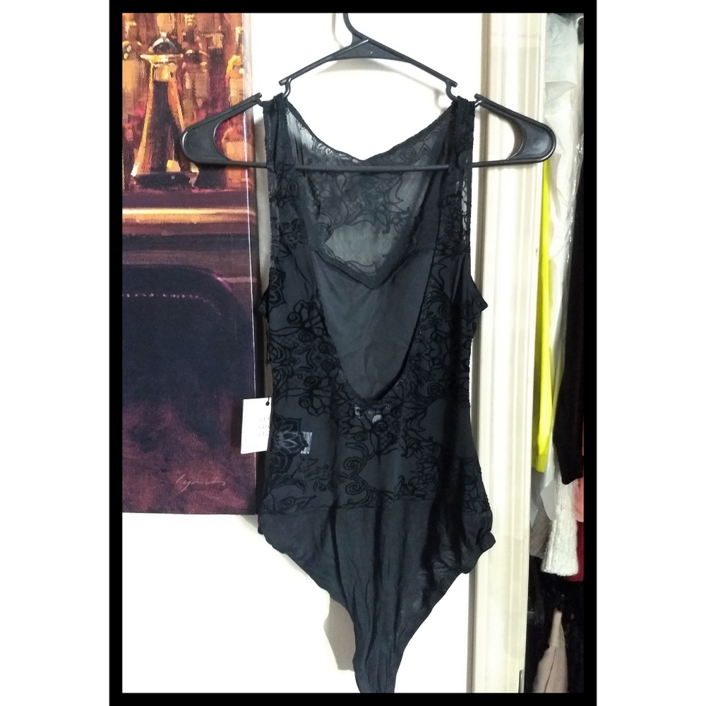 💋 Lace Bodysuit Jet Black Velvet Floral Shadow - Picture 4 of 6